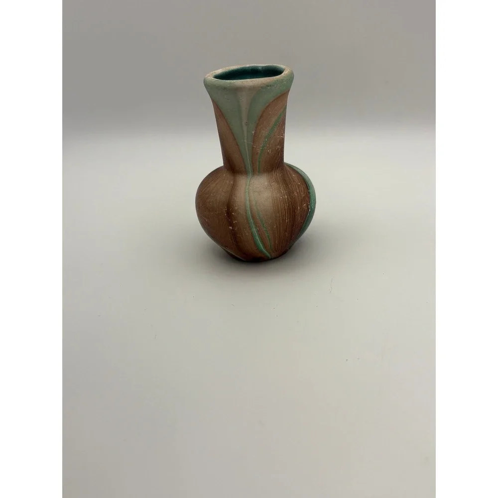 Handcrafted Swirl Ceramic Bud Vase Teal Brown Small Decorative Accent